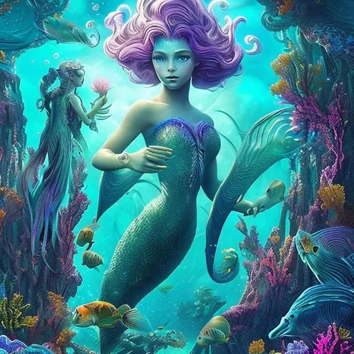 Prompt: Craft an awe-inspiring digital masterpiece that transports viewers to a breathtaking underwater kingdom with radiant mermaids, majestic fishes, and a cosmic castle that shimmers with otherworldly beauty. The colors should be vivid, the details realistic, and the overall composition utterly mesmerizing