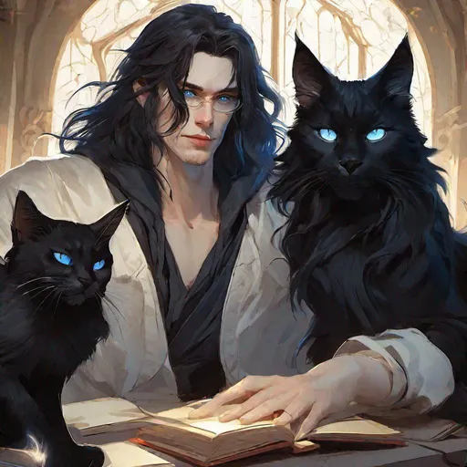 Prompt: beautiful young man, wizard, uneven long black hair, bookish, pale skin, sharp features, mismatched black and bright blue eyes, sitting with black main coon cat, concept art, epic lighting, finely-tuned, octane rendering
