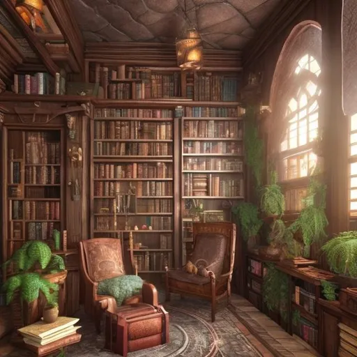 Prompt: A fantasy themed cozy library with so many books and plants