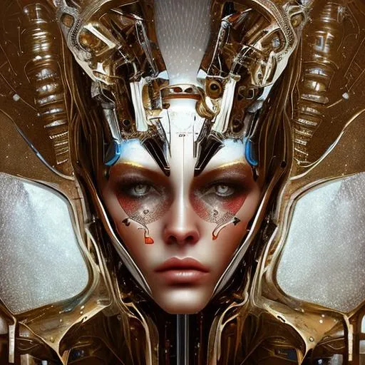 Prompt: beautiful robot digital art, in the style of serge marshennikov, symmetrical figures, golden age aesthetics, metallic, serene faces, ps1 graphics