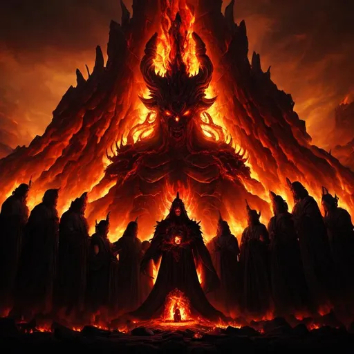 Prompt: Dark ancient god waking from long slumber in a post Apokalyptical burning world one step away from the entrance to the Purgatory, surrounded by Suffering tormented souls and sinister creatures,sinner,underworld,undead,evil,hell,devil,darkness,Takeshi Oda,