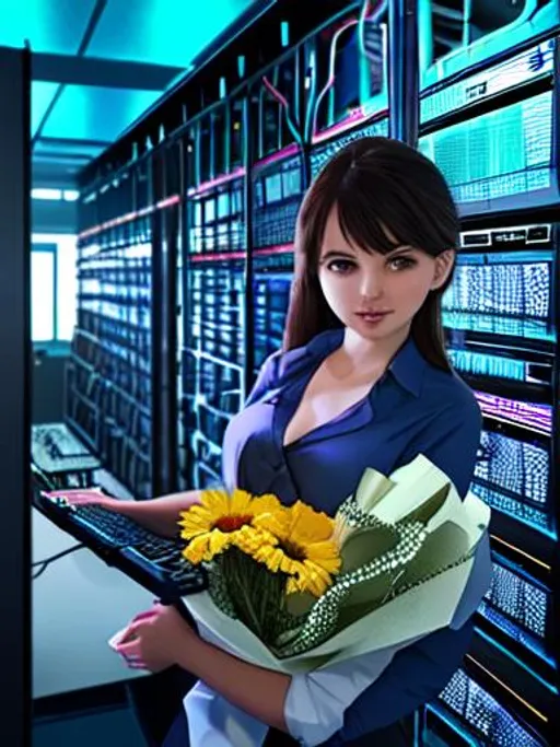 Prompt: pretty hot girl working in IT server room with receiving huge flowers 