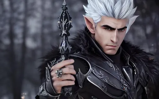 Prompt: male elf with slick back silver hair hairstyle+ Full HD render immense detail + dramatic lighting + well lit +, character sheet, + fine esoteric symbolism | ultra - detailed realism, soft cinematic lighting, high - quality, engraved | highly detailed |digital painting, artstation, concept art, smooth, sharp focus, Nostalgic, ethereal, nebula, 8k, hyper detailed, intricate detail, photorealistic