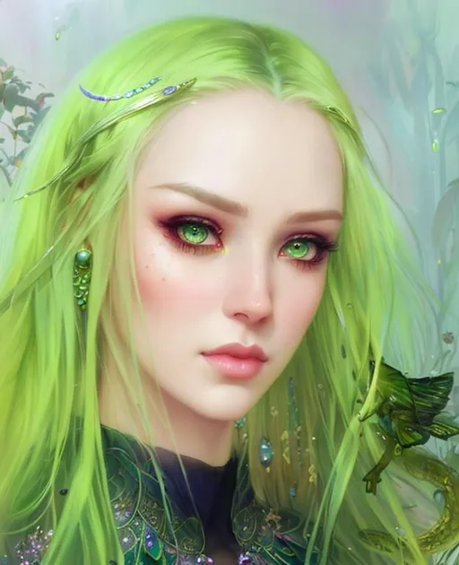 Prompt: A beautiful woman, beautiful face, stunning snake green eyes, ombre gradient green hair, delicate dress made of gradient iridescent snake scales details by pino daeni, tom bagshaw, Cicely Barker, Daniel Merriam, intricate details by Andrew atroshenko, James Jean, Mark Ryden, charlie bowater, WLOP, Jim burns, esao Andrews, Megan duncanson, beautiful portrait , very detailed, high definition, crisp quality, cinematic smooth, cinematic lighting, ultrarealistic, crispy focus 