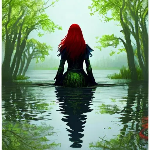 Prompt: Lady of the lake with red hair. Main color are green and blue. She is in the middle of the swamp and the environmet is composed by trees and shadows. Myst on the background. 