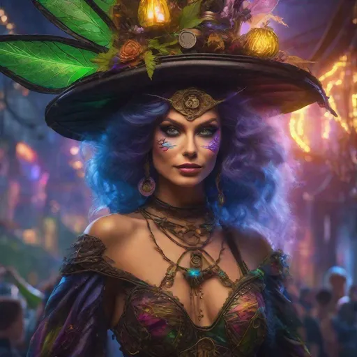 Prompt: Cinematic. Dynamic. Shes a Beautiful, ((colorful)), Steam Punk, cannabis witch. (spectacular), Winged fairy, with a skimpy, ((colorful)), sheer, flowing outfit, on a Halloween night. ((Wide angle)). Hyper detailed Illustration. 8k.4k. Full body in shot. Hyperrealistic painting. Photo realistic. A ((beautiful)), shapely, woman with, {{{{{{anatomically real hands}}}}}}, and ((vivid)) colorful, ((bright)) eyes. Sony a7 IV. ((Thea Render)). Concept art. Ultra Sharp focus.