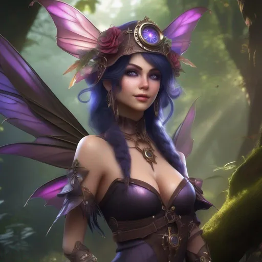 Prompt: ((Epic)). ((Cinematic)). Shes a colorful, Steam Punk, gothic, witch. ((distinct)) Winged fairy, with a skimpy, ((colorful)), gossamer, flowing outfit, standing in a forest by a village. ((Wide angle)). Detailed Illustration. ((4k)), 8k.  Full body in shot. Hyper real painting. Photo-real. A ((beautiful)), very shapely woman with ((anatomically correct hands)), and ((vivid)) colorful, ((bright)) eyes. A ((pristine))  Halloween night. (Concept style art). 