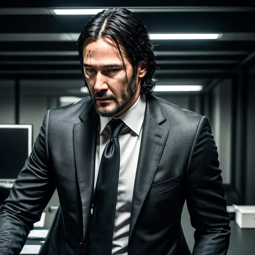 Prompt: Waist high Portrait of a beautiful john wick wearing james bond suit with tie at a office,  perfect detailed face, detailed symmetric hazel eyes with circular iris, realistic, stunning realistic photograph, 3d render, octane render, intricately detailed, cinematic, trending on art station, Isometric, Centered hiper eallistic cover photo, awesome full color, hand drawn, dark, gritty, klimt, erte 64k, high definition, cinematic, neoprene, portrait featured on unsplash, stylized digital art, smooth, ultra high definition, 8k, unreal engine 5, ultra sharp focus, intricate artwork masterpiece, ominous, epic, trending on artstation, highly detailed, vibrant