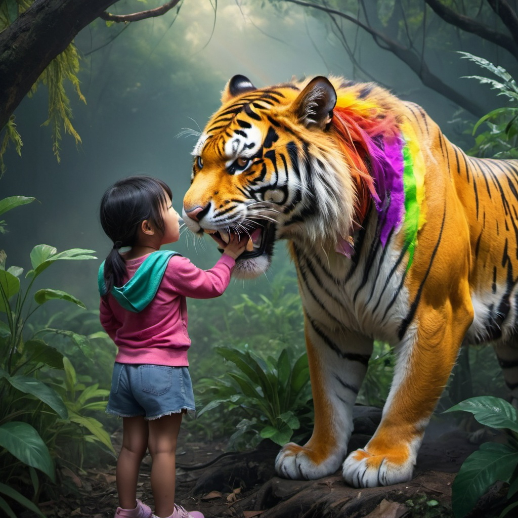 A rainbow colors scar Tiger saved a Asian children g...