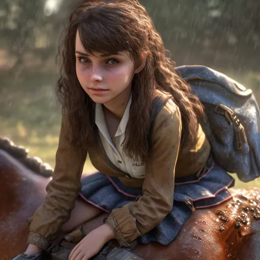 Prompt: HDR, UHD, 64K, a sweet schoolgirl sitting on a wet horse 