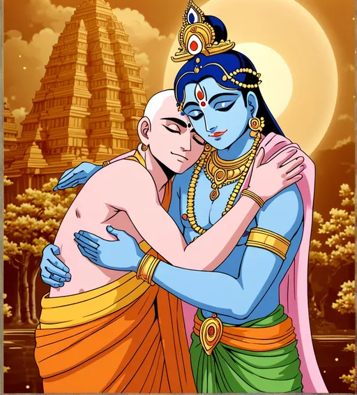 Prompt: Lord Krishna hugging Brahmin Sudama in anime style