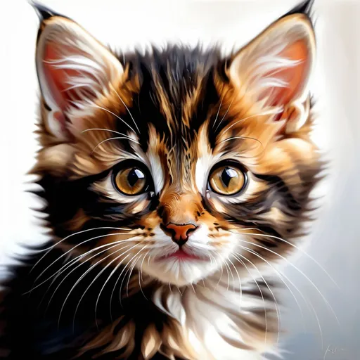 Prompt: Young kitten, oil painting, hyper realistic, high details, symmetric, perfect eyes, perfect fur, beautiful, dark brown eyes, dark fur, cute, fluffy, soft, 