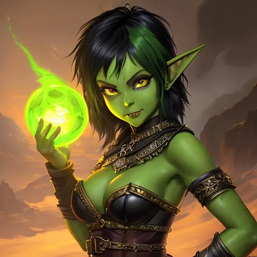 Prompt: oil painting, D&D fantasy, green-skinned-goblin girl, green-skinned-female, small, short black hair, crazy look, pointed ears, fangs, looking at the viewer, thief wearing intricate adventurer outfit, #3238, UHD, hd , 8k eyes, detailed face, big anime dreamy eyes, 8k eyes, intricate details, insanely detailed, masterpiece, cinematic lighting, 8k, complementary colors, golden ratio, octane render, volumetric lighting, unreal 5, artwork, concept art, cover, top model, light on hair colorful glamourous hyperdetailed medieval city background, intricate hyperdetailed breathtaking colorful glamorous scenic view landscape, ultra-fine details, hyper-focused, deep colors, dramatic lighting, ambient lighting god rays, flowers, garden | by sakimi chan, artgerm, wlop, pixiv, tumblr, instagram, deviantart