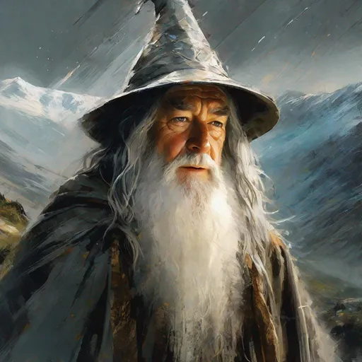 Prompt:  scene from Lord of the rings gandalf the grey .
 Frodo Beutlin amd MIdget  in backround the montains
masterpiece, textured Speedpaint with large rough brush strokes and paint splatter by Jeremy Mann, Carne Griffiths, Junji Ito, Robert Oxley, Ismail Inceoglu, masterpiece, trending on artstation, particles, oil on canvas, highly detailed fine art, ink painting, hyperrealism | Pixar gloss | polished, Anato Finnstark | Android Jones | Darek Zabrocki, Boris Vallejo, David Palumbo, Donato Giancola, Frank Frazetta, colorful, deep_color vibrant, John Stephens, Jordan Grimmer, John Howe, Julie Bell, Mark Brooks, Dan Mumford | comicbook art | perfect_concept art | 3D shading | bright_colored background radial gradient background | cinematic Reimagined by industrial light and magic fairy_home!, centered, acrylic painting, trending on pixiv fanbox, palette knife and brush strokes, style of makoto shinkai jamie wyeth james gilleard edward hopper greg rutkowski studio ghibli genshin impact, perfect composition, beautiful detailed intricate insanely detailed octane render trending on artstation, 8 k artistic photography, photorealistic concept art, soft natural volumetric cinematic perfect light, chiaroscuro, award - winning photograph, masterpiece, oil on canvas, raphael, caravaggio, greg rutkowski, beeple, beksinski, giger