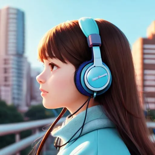 Prompt: girl wearing headphones city background, pastel blue colors, brown hair, ghibli style 