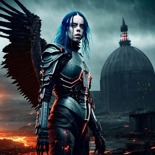 Prompt: Billie Eilish in a dystopian world. 
the tower of mordor in background. Dark gloomy, rain, Ultra HD. scifi meets fantasy. She is walking mid frame. her wings ar shedding. She is a cybernetic angel lord. {everything same as in prompt and image except change face and hair to black hair, face is her 2022 look. 