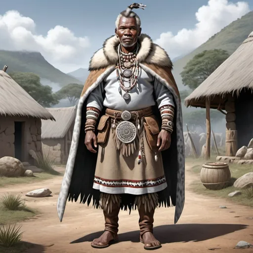 Prompt: Full body, Fantasy illustration of a sangoma, male zulu medicine man, 50 years old, wearing a cape made from lionfur, secretive expression, rich traditional garment, Heather grey hair, high quality, rpg-fantasy, detailed, zulu village background