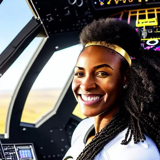 Prompt: (Hyperrealistic highly detailed sharp photography of ebonian woman pilot in spaceship cockpit) Young, beautiful, strong-willed, determined eyes, confident, happy, excited, modern grey uniform, tribal golden headband, making a "ok" sign, smiling.
Runic cockpit. Black and gold bird-shaped spaceship. 