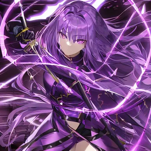 Prompt: Beautiful female, detailed eyes, has a sword emanating lightning, a young anime woman with long purple luxurious hair with a wolfcut haircut, purple eyes, disoriented due to memory loss, wearing a neon purple t-shirt inside of a black coat with chains, not too revealing, wears black leather gloves, an amethyst hairclip in her hair, fantasy, clear sparkling orange glowing eyes, orange eyes, intricately detailed face, intricate, highly-detailed, ultrarealistic face, large landscape, mechanics, dramatic lighting, gorgeous face, lifelike, stunning, digital painting, large, artstation, illustration, concept art, smooth, sharp focus, highly detailed painting, looking and smiling at viewer, full body, photography, detailed skin, realistic, photo-realistic, 8k, highly detailed, full length frame, High detail