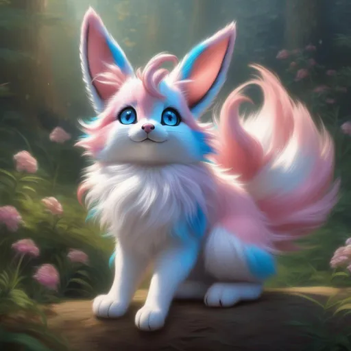 Prompt: (Sylveon), realistic, photograph, epic oil painting, (hyper real), furry, (hyper detailed), extremely beautiful, on back, sprawled, belly up, paws in the air, playful, UHD, studio lighting, best quality, professional, 8k eyes, 8k, highly detailed, highly detailed fur, hyper realistic creamy fur, canine quadruped, (high quality fur), fluffy, fuzzy, full body shot, zoomed out view of character, perfect composition, ray tracing, masterpiece, trending, instagram, artstation, deviantart, best art, best photograph, unreal engine, high octane, cute, adorable smile, lying on back, lazy, peaceful, (highly detailed background), vivid, vibrant, intricate facial detail, incredibly sharp detailed eyes, incredibly realistic golden retriever fur, concept art, anne stokes, yuino chiri, character reveal, extremely detailed fur, sapphire sky, complementary colors, golden ratio, rich shading, vivid colors, high saturation colors, nintendo, pokemon, silver light beams