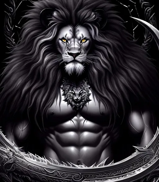 Prompt: Horror, twisted, scary, ominous, cinematic, 3D, HD, freeform dark chaos Beautiful!! {Man}Lion as Barbarian, detailed gorgeous face, Beautiful big reflective eyes, long flowing hair, expansive Jungle background, hyper realistic, 16K --s98500