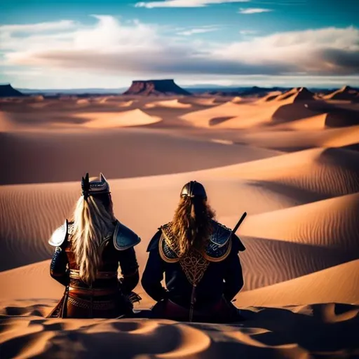 Prompt: a female viking warrior sitting next to a male viking warrior. They are watching over a desert together. The sky is blue and the are a couple of clouds in it. 
