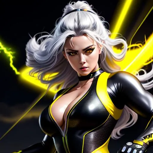 Prompt: Hyper realistic detailed full body badass action scene image of feminine ((sexy woman)) who has ((yellow electric charged eyes)), ((ash gray hair)) with ((sexy mesh
 outfit)) with plunging neckline, fight pose, angled low POV, balayage wild hair, small lightnings, determined face expression, highly detailed, digital painting, Trending on artstation, HD quality, ((huge breast)), ((sexy))