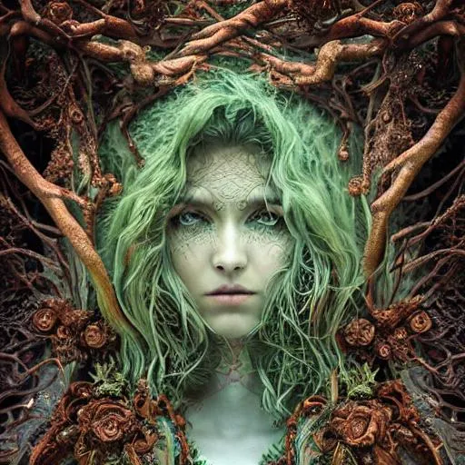 Prompt: 3/4 view, Insanely detailed photograph of an elaborate and enigmatic "ethereal green earth crystal woman", realistic, cinematic, intricate and hyperdetailed, copper filigree, fantasy art, album cover art, soil, 3D lighting, high contrast, beautiful woman, long evergreen hair, midnight, human like features, forest, earthen, dirt, soil