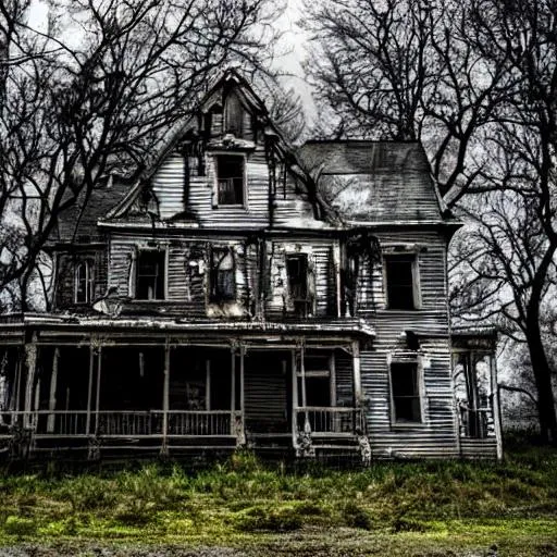 a haunted house, dark, stormy, decayed