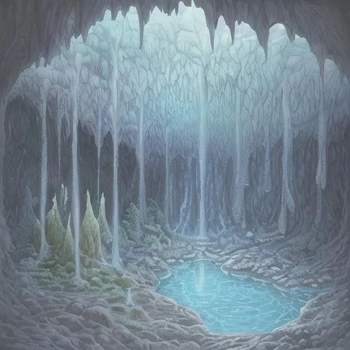 Prompt: Cave with stream, stalagmites, stalagtites, and crystals