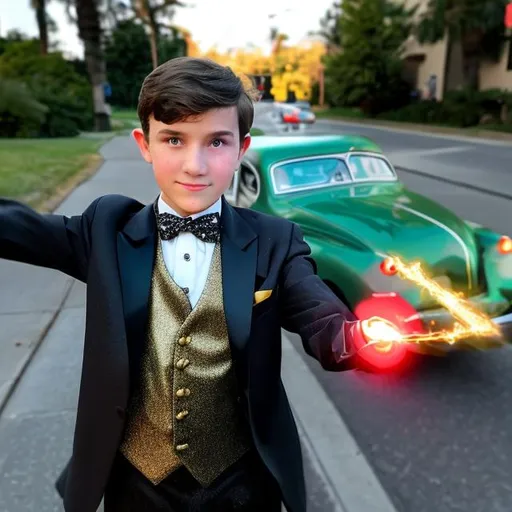 Prompt: 13 year old boy in a tuxedo casts a gold sparkle magic spell out of a car window with his magic wand on the traffic light to make it turn green from the inside of the car 