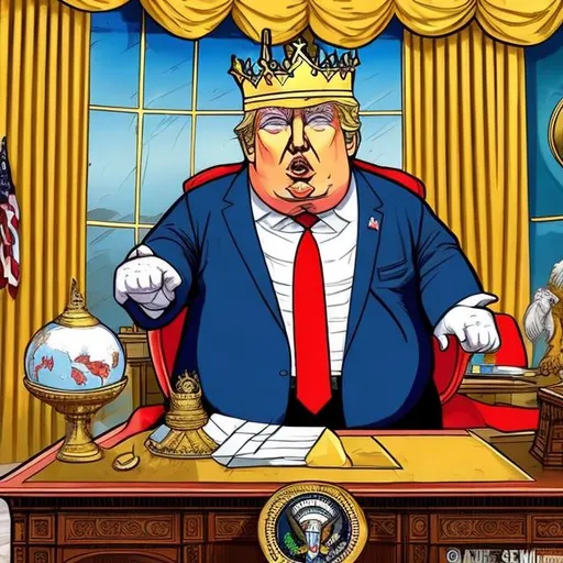 Prompt: Obese Trump as king with a golden crown with sapphire on his head at his desk, too long red tie + dark-blue uniform, Oval Office scene, Sergio Aragonés MAD Magazine cartoon style 