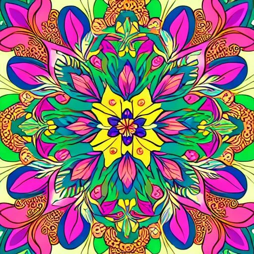 Prompt: Lisa Frank style illustration of floral pattern background, outlined, symmetrical and detailed 