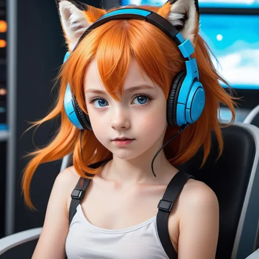 Prompt: a anime kid girl fox ears orange hair blue eyes without shirt only wearing head-set playing a high tech future realistic game