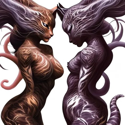 Prompt: a beautiful woman morph blend into a beautiful creature of the kitty, dynamic pose, back view