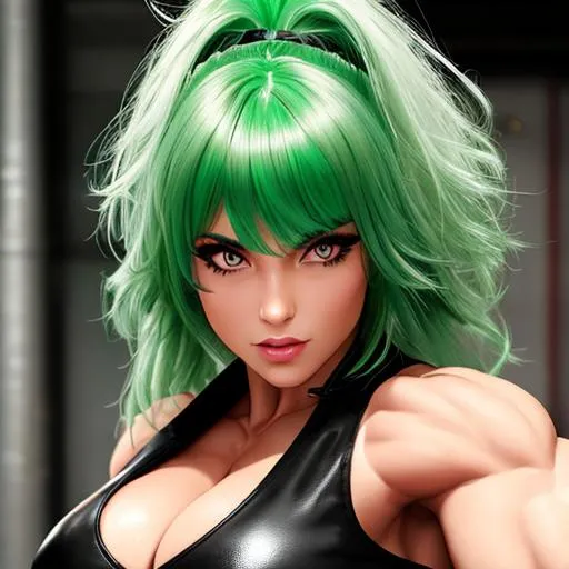 Prompt: {{green hair, red eyes}}
{{woman, enormous muscles, giant muscles, muscular woman, hulking, flexing, biceps, full body}}
{{{{black clothing}} leather vest, messy hair}}
perfect face, perfect body, photorealistic, hyperrealistic, photograph, 22mm lens, 4k, hard lighting