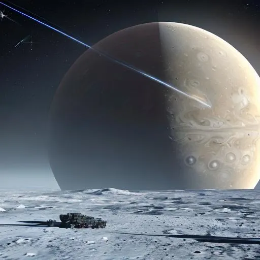 Prompt: Design an image with the UNSC heavy space vessel from the Halo universe in the foreground, its front portion occupying a corner of the frame. Jupiter's massive gaseous body takes up a tenth of the view, with a hint of its faint rings visible. Europa, the icy moon, orbits in the distance, its surface marked by craters. The sun provides a soft, distant glow in the black expanse of space.
