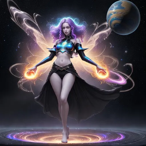 Prompt: splash art, hyper detailed, hyper realistic, highly detailed, dark, surreal heavy mist, floating at the edge of the universe, in a galaxy far away,

create a holographic  image of a beautiful, young adult fantasy Ultra Sorceress, holding fire galaxies in her hands, 

long legs, vibrant sumptuous, perfect body, ultra pale, visible midriff, perfect curly long red hair,

wearing ultimate Fantasy titanium chest armor, heavy iron collar, 

Perfect studio lighting, perfect shading. HDR, UHD, high res, 64k, cinematic lighting, special effects, hd octane render, professional photograph, trending on artstation, 