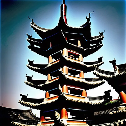 Prompt: A cellphone tower shaped like a pagoda stands proudly amidst a rustic Chinese town. Its roof corners and eaves are adorned with abundant telecommunications equipment, seamlessly blending with the surroundings. The scene exudes a harmonious fusion of tradition and technology. The camera, set to capture the essence of this unique sight, utilizes a wide-angle lens to encompass the tower and its surroundings. Inspired by the works of contemporary photographers like Fan Ho and Edward Burtynsky, this image celebrates the coexistence of heritage and modernity in a captivating way.