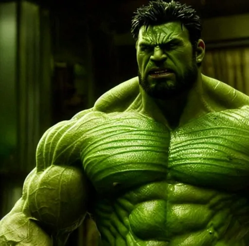 Prompt: chris evans as the incredible hulk movie still, muscular, green skin, bearded