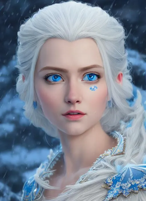 Prompt: Portrait of the snow princess with white hair and blue eyes, wearing purple, perfect composition, hyperrealistic, super detailed, 8k, high quality, trending art, trending on artstation, sharp focus, studio photo, intricate details, highly detailed,