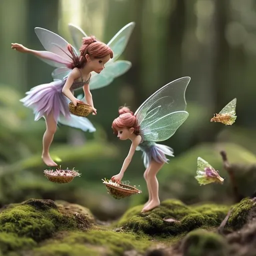 Prompt: several tiny realistic fairies flying around collecting things in a forrest