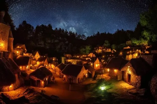 Prompt: Medieval village in a forest under the stars, cozy huts, rocks, winter, magical lights, green sky, stars, floating orbs, 