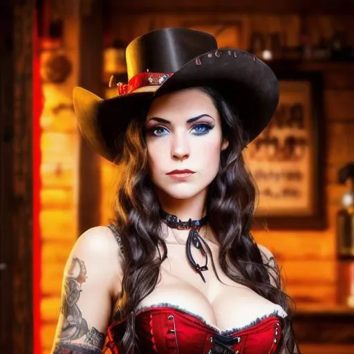 Prompt: Portrait of a wild west saloon girl with dark hair and light eyes wearing a red corset