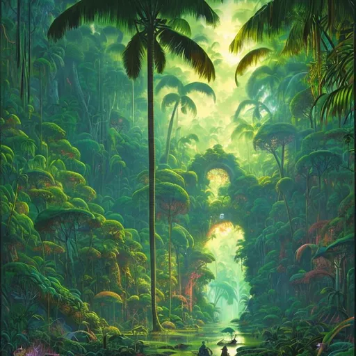 Prompt: Landscape painting, beautiful lush tropical glade with a huge green colored dimensional portal at the centre, bright light, dull colors, danger, fantasy art, by Hiro Isono, by Luigi Spano, by John Stephens