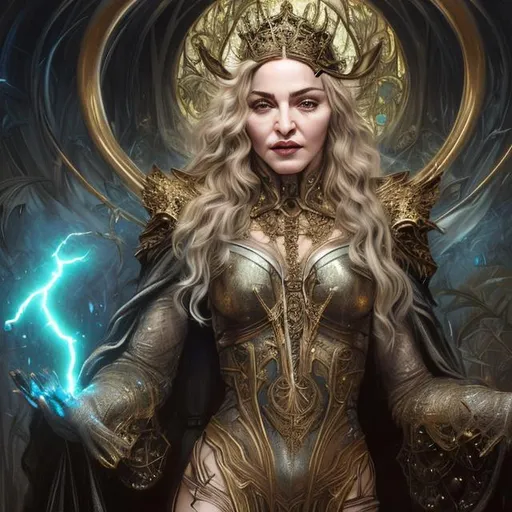 Prompt: Madonna as a powerful mysterious sorceress, casting lightning magic, detailed clothing, digital painting, hyperrealistic, fantasy, Surrealist, full body, by Stanley Artgerm Lau and Alphonse Mucha, artstation, highly detailed, sharp focus, sci-fi, stunningly beautiful, dystopian, iridescent gold, cinematic lighting, dark