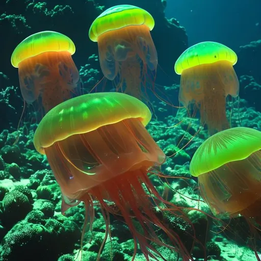 Prompt: green and gold planet sized jellyfish