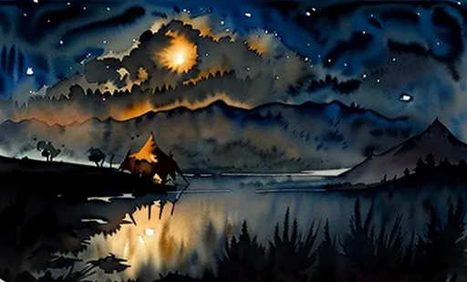 Prompt: watercolour painting of  dark eerie place and one arabic tent with lights, mountain fire