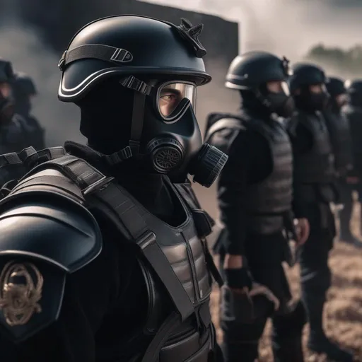 Prompt: Several modern roman military male in black military roman armor, and gas mask, last days in earth, Hyperrealistic, sharp focus, Professional, UHD, HDR, 8K, Render, electronic, dramatic, vivid, pressure, stress, traumatic, dark.