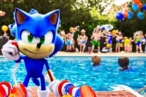 Prompt: Sonic the Hedgehog at a pool party

